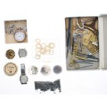 Tin of assorted wristwatch spares and accessories to include a Tissot watch case, disassembled