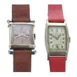 Vintage rectangular gold plated and stainless steel gentleman's wristwatch, square bronze gem set