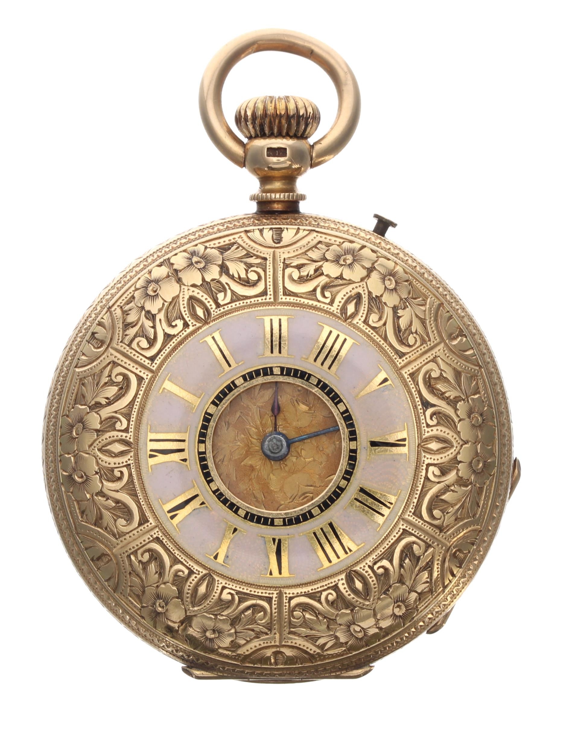 Attractive 18k and pink enamel cylinder half hunter pocket watch, gilt frosted bar movement with - Image 2 of 5