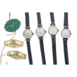 Four Baume & Mercier gold plated and stainless steel ladies wristwatches, silvered dials, black