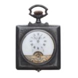 Hebdomas 8 days square cased gunmetal pocket watch, enamel dial with Roman numerals and visible