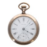 Waltham gold plated lever pocket watch, circa 1906, no. 14899091, the dial with Roman numerals,
