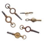 Antique gold and steel Breguet pocket watch key, 1gm, 24mm; also gilded pocket watch key and four