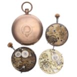 Three repeating pocket watch movements for spares or repair; together with a gold plated hunter