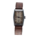 Junghans stainless steel rectangular gentleman's wristwatch, signed silvered dial, brown leather