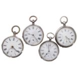 Four silver cylinder pocket watches for repair