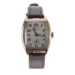 1920s 9ct tonneau cased gentleman's wristwatch, import hallmark for Glasgow 1928, silver dial with