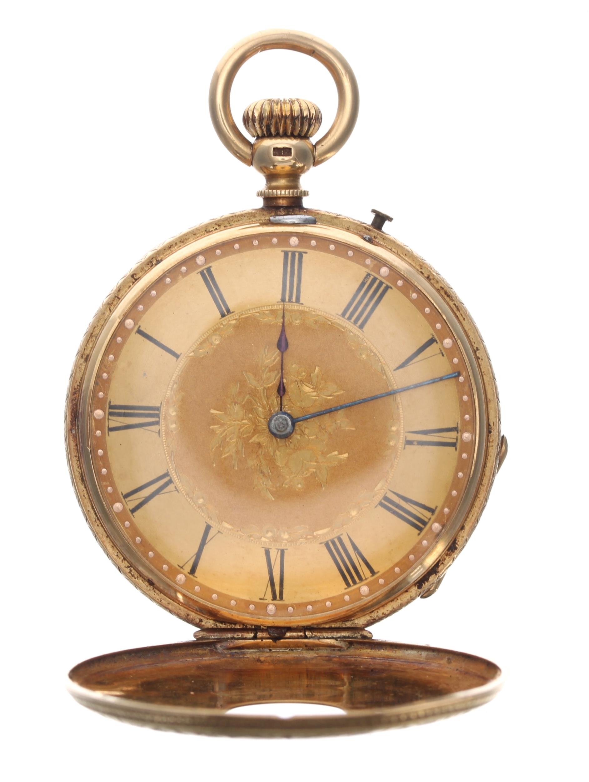 Attractive 18k and pink enamel cylinder half hunter pocket watch, gilt frosted bar movement with - Image 3 of 5