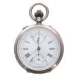 Swiss silver (0.935) split seconds chronograph lever pocket watch, gilt frosted movement with