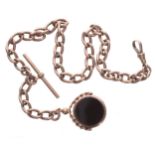 Good 9ct oval link watch Albert chain, each link stamped with T-bar, clasp and a swivel pendant fob,