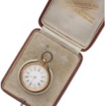 Attractive 18k cylinder fob watch, gilt frosted bar movement, hinged 18k cuvette, the dial with