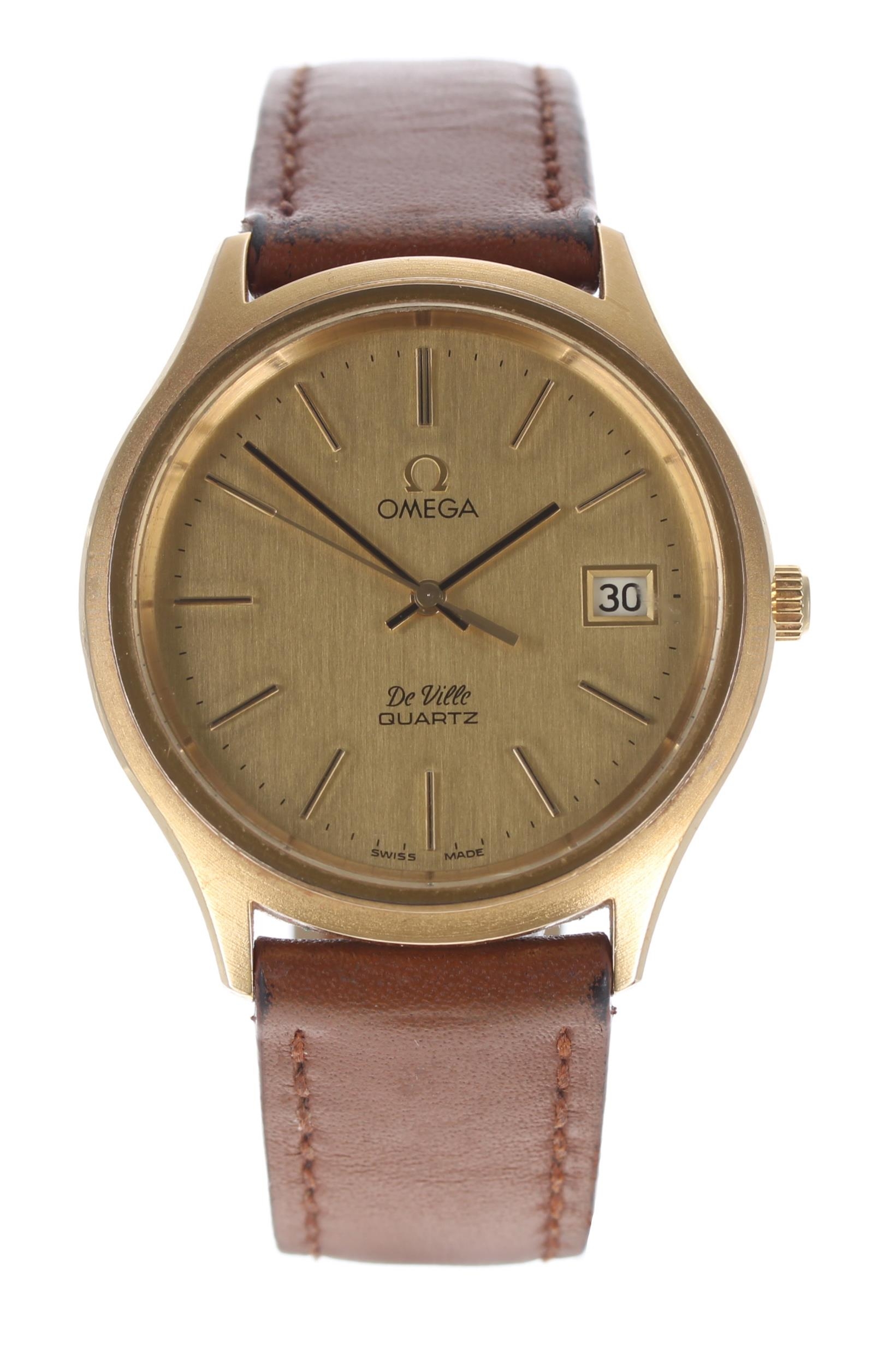 Omega De Ville Quartz gold plated gentleman's wristwatch, circa late 1970s, champagne dial with