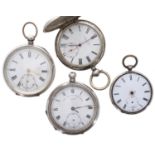 White metal cylinder hunter pocket watch for repair; together with two silver cylinder engine turned