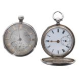 Silver fusee lever hunter engine turned pocket watch for repair, 49mm; together with a silver