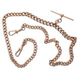 Good 9ct graduated curb link pocket watch Albert chain with end clasps and T bar, 44.7gm, 20" long