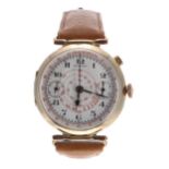 Sabina 18k single push button chronograph wristwatch, white enamel dial with Arabic numerals, minute