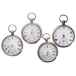 Four silver (0.800) cylinder engine turned pocket watches for repair