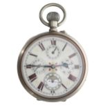 Goliath calendar nickel cased lever pocket watch, the gilt frosted bar movement with compensated