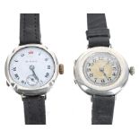 Two silver wire-lug ladies wristwatches, modern black leather straps, 26mm
