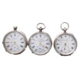 Three silver (0.935) lever engine turned pocket watches for repair