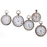 Five silver cylinder engraved fob watches for repair