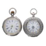 Two silver engraved cylinder watches, each with attractive white foliate dials, 37-38mm diameter (2)