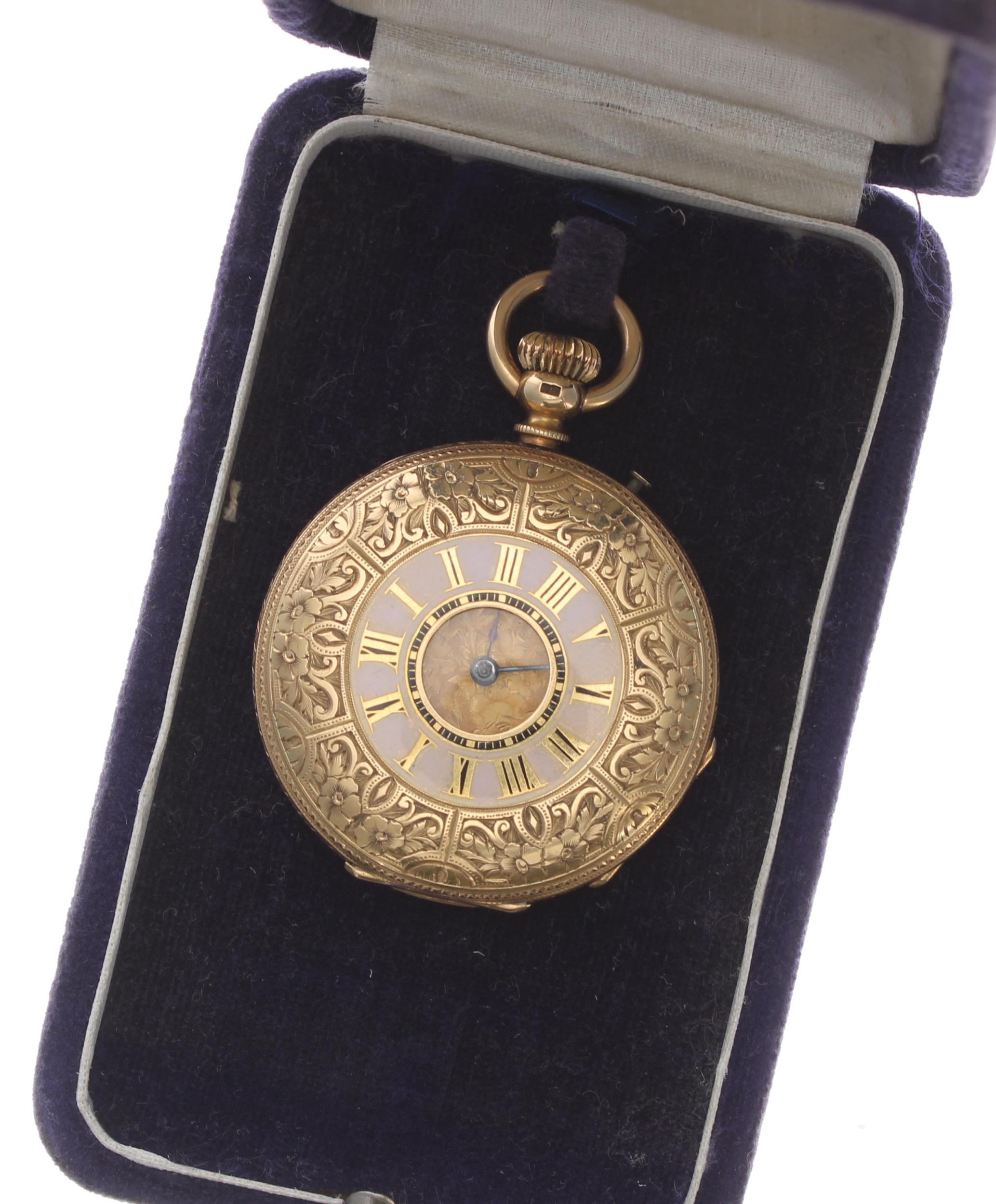Attractive 18k and pink enamel cylinder half hunter pocket watch, gilt frosted bar movement with