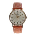 Omega 9ct gentleman's wristwatch, signed circular dial with baton markers and centre seconds, tan