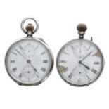 Two silver (0.800 and 0.935) chronograph lever pocket watches for repair or spares, 49mm and 50mm