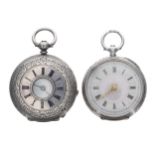 Swiss silver (.935) cylinder engraved half hunter fob watch, 37mm; with another silver (.935)