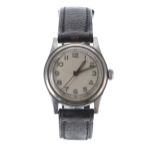WWII mid-size stainless steel wristwatch, circular silvered dial with Arabic luminous set numerals