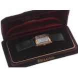 Bulova 14k gold filled rectangular wristwatch, case no. 27282xx, signed dial with Roman numerals and