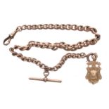 Good 9ct graduated watch Albert chain, each link stamped with T-bar, clasp and medallion fob, 45.