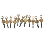 Part set of eleven pocket watch keys, 1-12 (11 missing) (11)