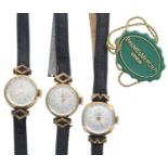 Three Baume & Mercier gold plated and stainless steel ladies wristwatches, silvered dials, black