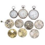 Three silver/white metal pocket watches for repair; also seven assorted pocket watch movements (7)