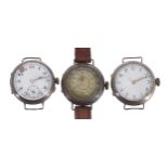 Three silver wire-lug wristwatches (two lacking straps), 28mm, 28mm, 27mm