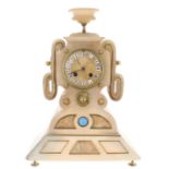Unusual French alabaster two train mantel clock, the Japy Freres movement with outside countwheel
