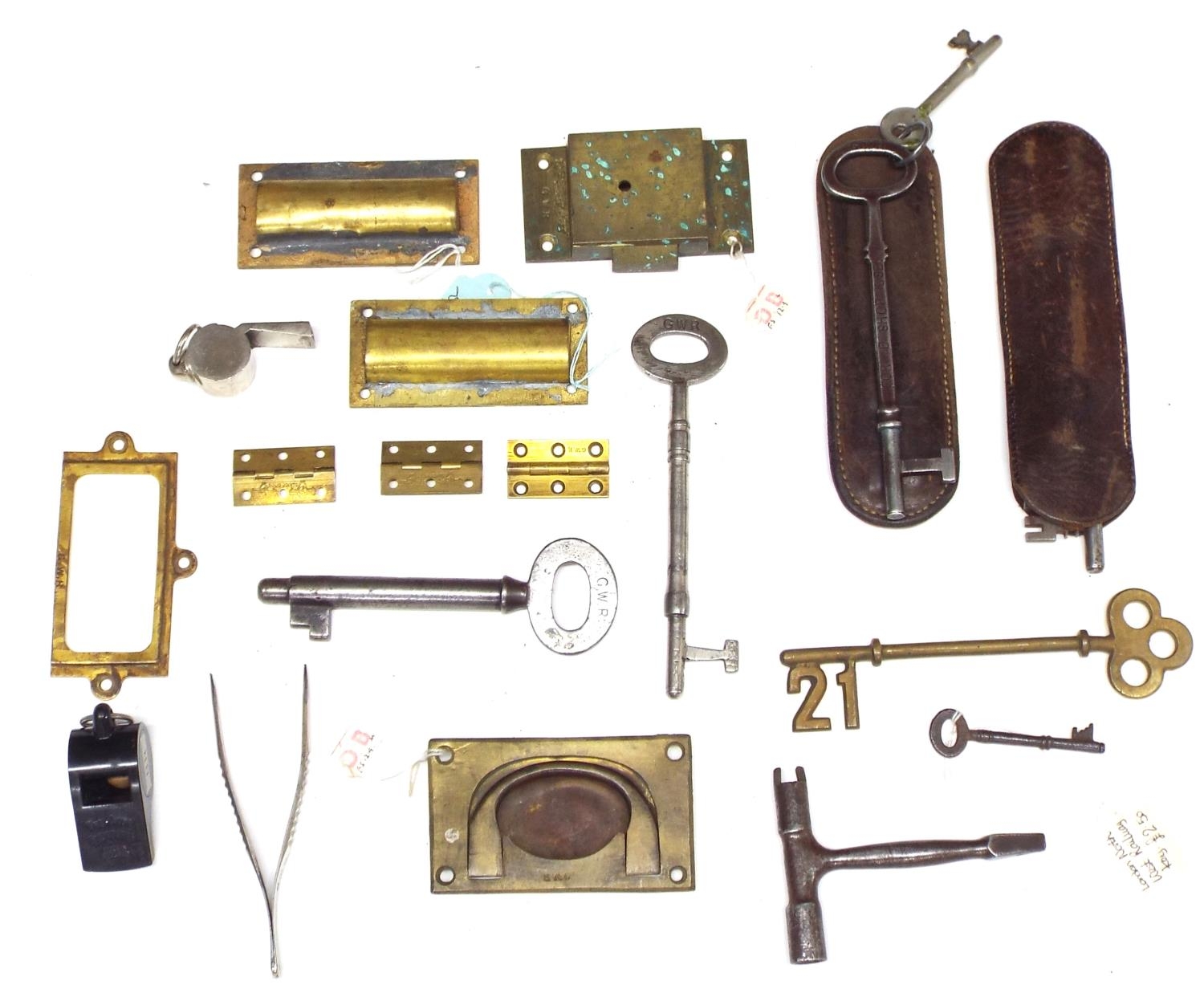 Six various old 'GWR' keys, two in leather cases; also a small quantity of 'GWR' locks and handles