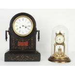 French black slate and red marble two train mantel clock striking on a bell, the 5.5" white dial