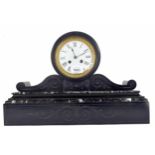 French black slate and green marble drumhead two train mantel clock, the Japy Freres movement with