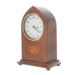 French oak inlaid mantel clock timepiece with platform escapement, within a lancet arched case, 8.