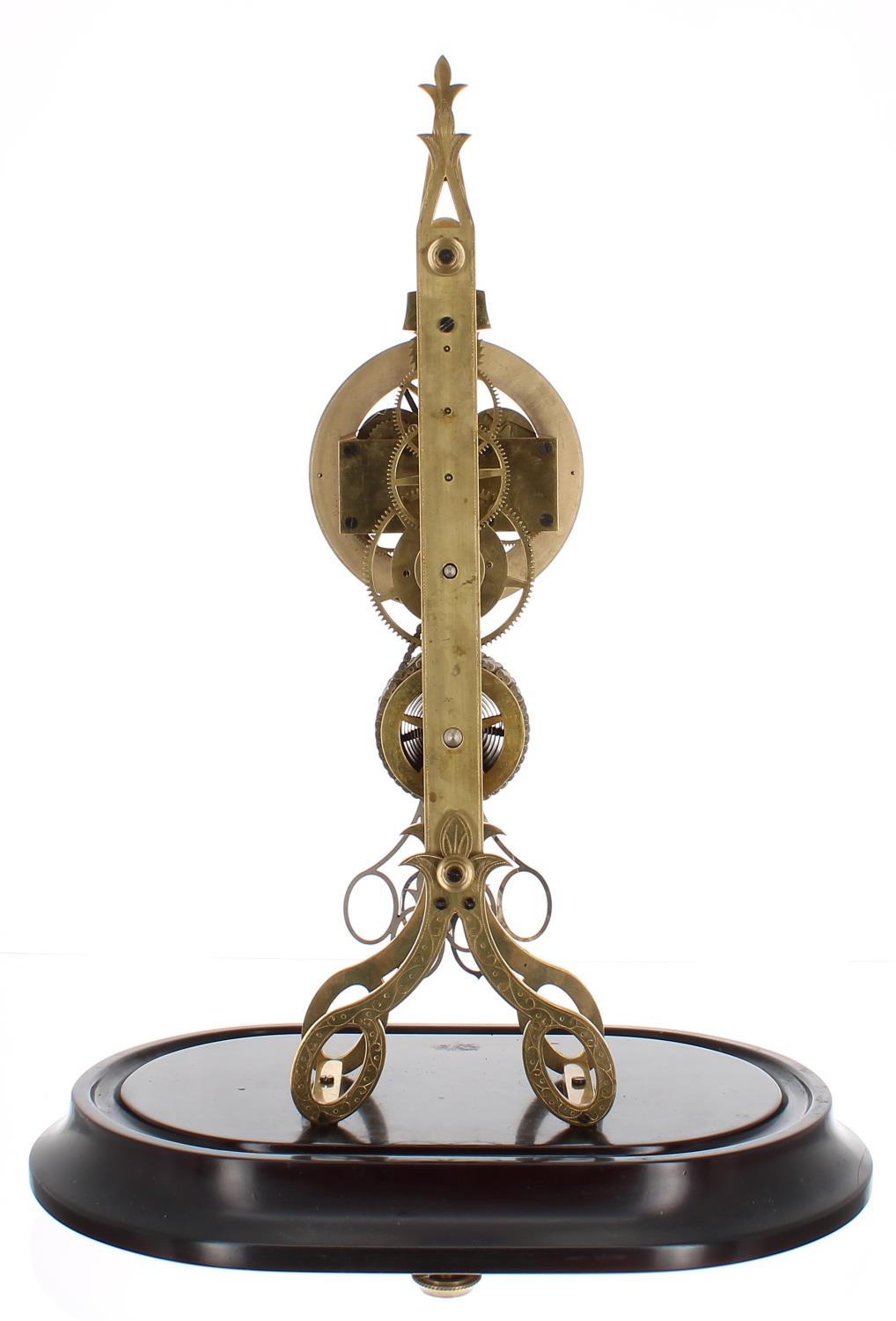 Contemporary brass single fusee scissor action skeleton clock, the 4.5? white chapter ring signed - Image 3 of 5