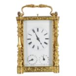 Good early French repeating calendar alarm carriage clock striking on a bell, the principal dial