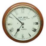 Walnut single fusee 12" railway wall dial clock signed John Smith, Midland Clock Works, Queen St.,