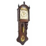 Dutch oak single train hooded wall clock with alarm, the 11.5" painted arched dial within a