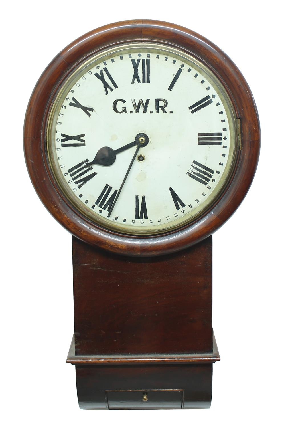 Great Western Railway (G.W.R) mahogany single fusee 12" drop dial wall clock within a turned