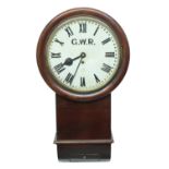 Great Western Railway (G.W.R) mahogany single fusee 12" drop dial wall clock within a turned