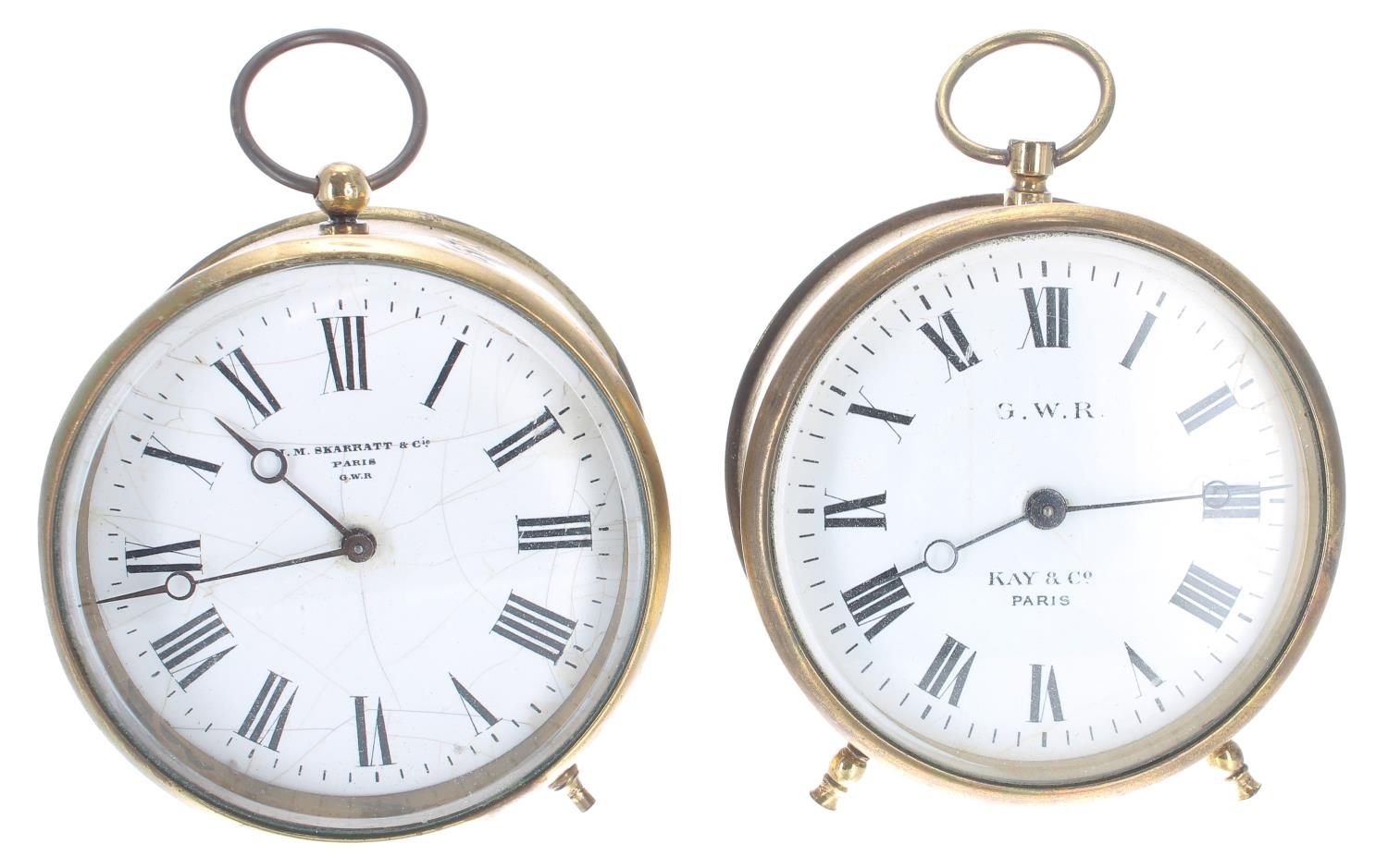 Great Western Railway (G.W.R) brass drum mantel clock timepiece, the 3.5" white dial inscribed 'G.