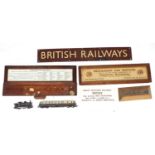 Old 'British Railways' metal sign, 27" long x 4" high; also two Great Western Railway buffet car